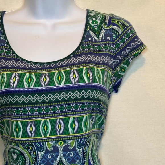 G-99 Liz Claiborne Blue Green &‎ White Short Sleeve Pullover Blouse Size MP - Picture 4 of 14